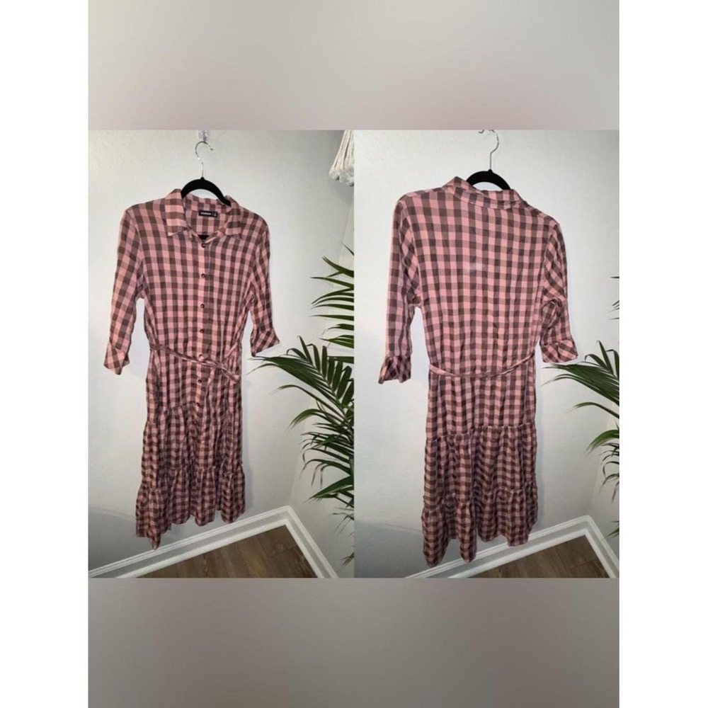 Elbourne Womens Pink Black Plaid Midi Shirt Dress Tiered Skirt Tie Waist